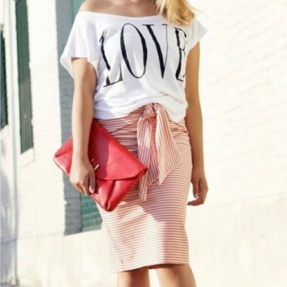 ZARA Skirt Knee Length Tie-Front Pink Pinstriped Knit Pencil Skirt Size Small - Picture 10 of 10